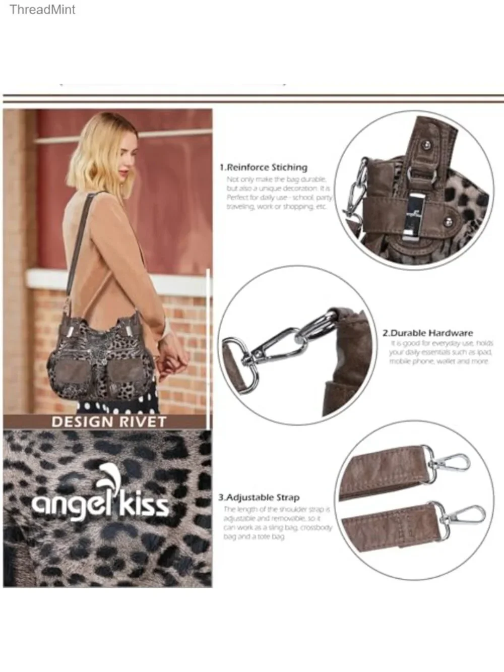 Large Double Zipper Multi Pocket Faux Leather Shoulder Handbag